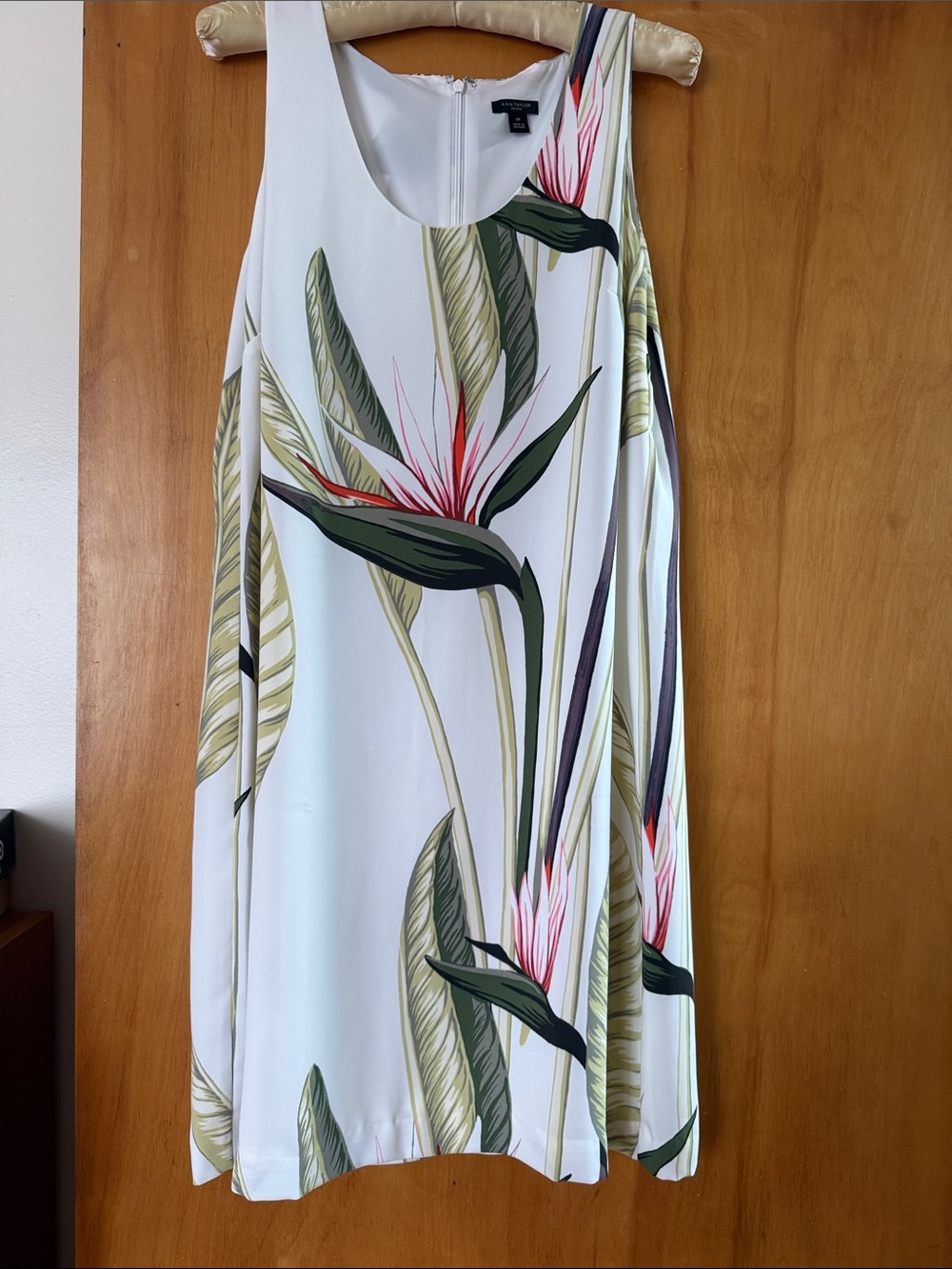 White Lined Dress with Tropical Print, never worn